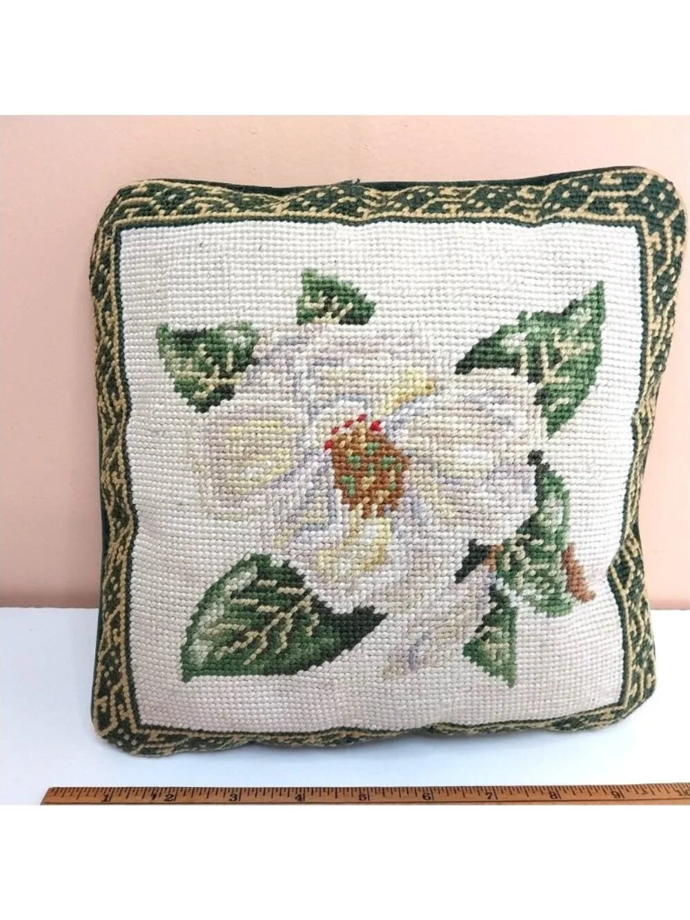 Vintage Needlepoint Floral Throw Pillow Velvet Back Mid Century 9